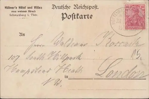 AK Gruss aus Schwarzburg Bahnpost Hübners Hotel und Villen Zum weissen Hirsch, gelaufen 1900