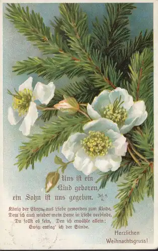 AK Herzlichen Weihnachtsgruss Uns ist ein Kind geboren, gelaufen 1909