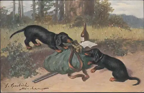 AK Hunde Dackel Jagd Sperlich München, gelaufen 1909