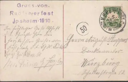 AK Gruss vom Radfahrerfest Ipsheim 1910, gelaufen 1910