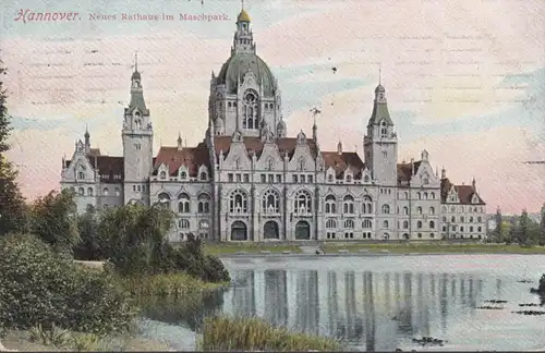 AK Hannover Neues Rathaus im Maschpark, gelaufen 1909