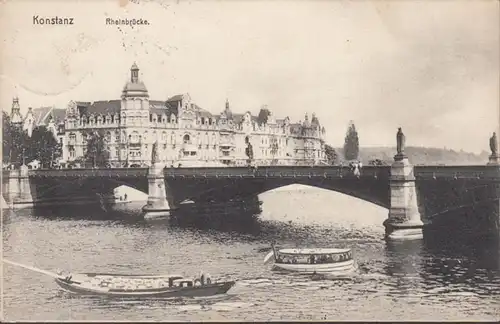 AK Konstanz Rheinbrücke Prüfstempel XIV. Armeekorps, gelaufen 1915