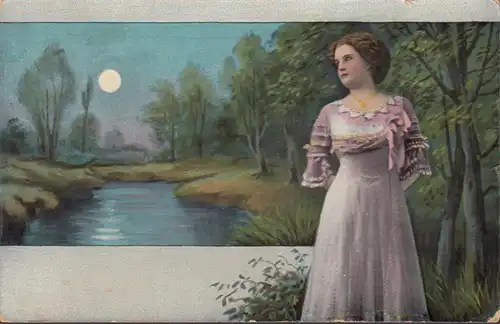 AK Jeune femme sur la rivière à la clair de lune, couru