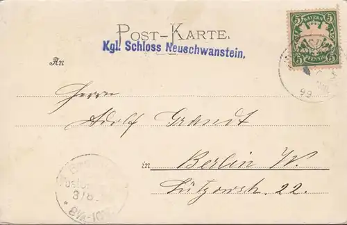 AK Gruss vom Schloss Neuschwanstein Fehldruck, gelaufen 1899