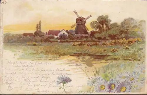 Sonnenschein-Postkarte Windmühle Winkler & Schorn, gelaufen 1900