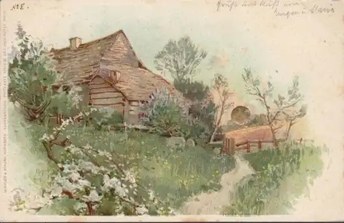 Sonnenschein-Postkarte Bauernhaus Winkler & Schorn, gelaufen 1900