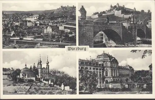 Würzburg Mehrbildkarte, Gesamtansicht, Alte Mainbrücke, Käpelle, Residenz, ungelaufen