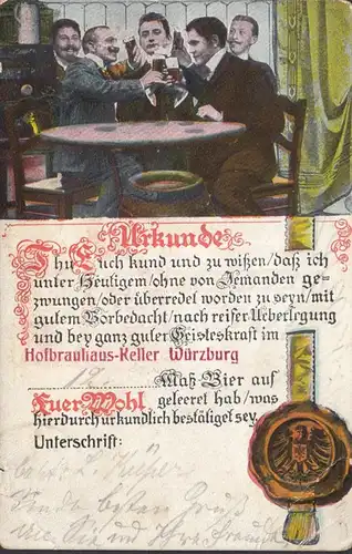 Würzburg Urkunde Hofbrauhaus Keller, gelaufen 1906