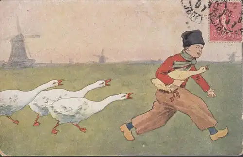 Artist Card Dutch Boy steals Goose, gelaufen 1907