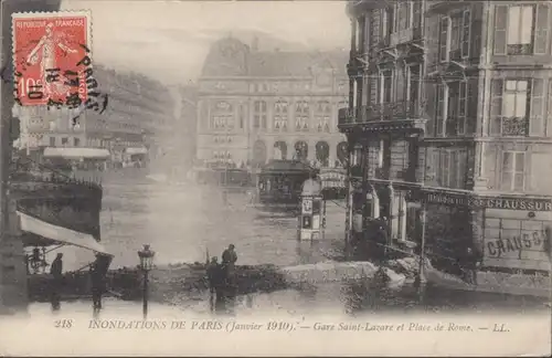CPA Inondation de Paris Gare Saint Lazare et Place de Rome, circulé 1910