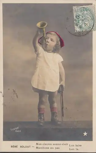 CPA Bébé Soldat Mon clairon sonne clair, circulé 1905