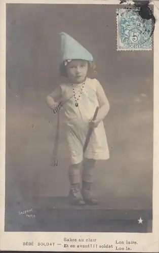 CPA Bébé Soldat Sabre au clair, circulé 1905