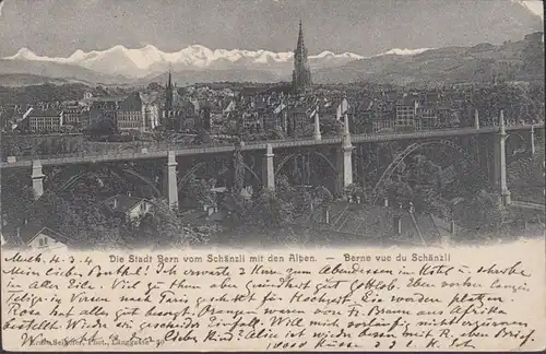 Die Stadt Bern vom Schänzli mit den Alpen, gelaufen 1904