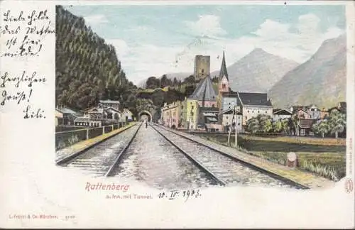 AK Rattenberg am Inn, Stadtansicht, Gleise, Eisenbahntunnel, gelaufen 1903