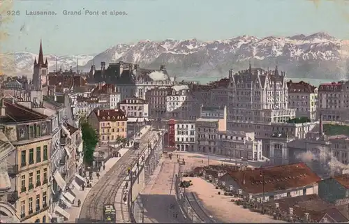 Lausanne Grand Pont et alpes, gelaufen 1910