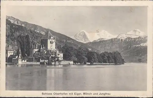 Schloss Oberhofen mit Eiger, Mönch und Jungfrau, gelaufen 1913