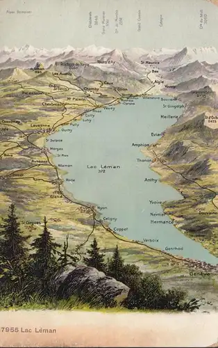 Lac Leman Carte géographique, couru en 1914