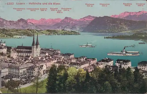 Luzern Hofkirche und die Alpen, gelaufen 1911
