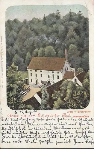 Gruss de la vallée du Seifersdorf près de Langenbrück Marienmühle, gel. 1904