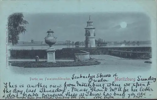 Moritzburg Partie am Fasanenschlösschen, Mondschein, Leuchtturm, gelaufen 1900