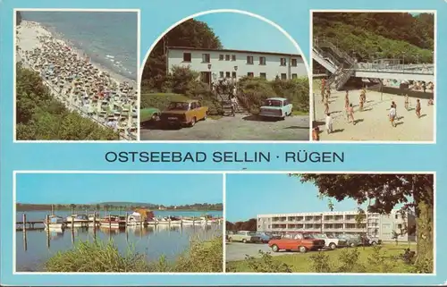AK DDR Ostseebad Sellin, FDGB Waldfrieden, Klubhaus, Freitreppe, Bootsstege, ungelaufen