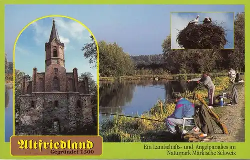 AK Altfriedland, Altfriedländer Kirche, Storchennest, Angelparadies, ungelaufen
