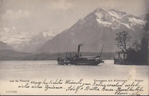 Lac de Thoune avec Blümlialp et éternuements, bateau à vapeur, couru 1912