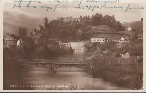 Bruck an der Mur, Partie an der Mürz mit Schloßberg, gelaufen 192?