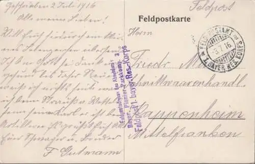 Friedhof von Lans?, Feldpost, Bayerische Pionier Parkkompanie 3, gelaufen 1916