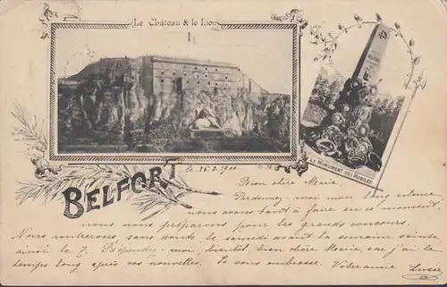 Belfort, Le Château, Le Lion, Le Monument des Mobiles, circulé 1900