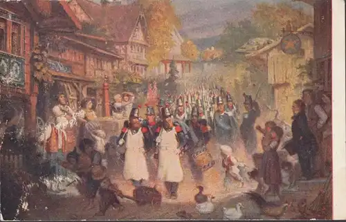 Saint-Gall, soldats à travers un village de Saint Gallen, marchant en 1920