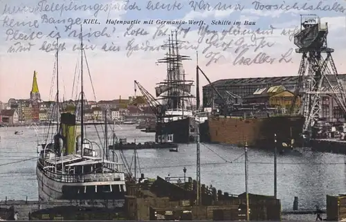 Kiel, Hafenpartie mit Germania Werft, Schiffe im Bau, gelaufen 1928