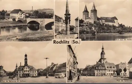 Rochlitz, Mehrbild, Brücke, Brunnen, Mulde, Rathaus, Platz der Solidarität, gelaufen 1965