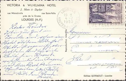 Lourdes, Hôtel Victoria & Wilhelmina, circulé 1955