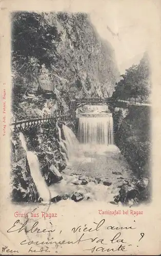 Gruss aus Ragaz, Taminafall bei Ragaz, gelaufen 1903