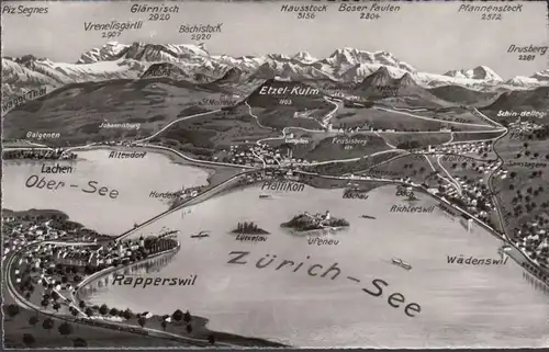 Schweiz, Zürichsee und Umgebung, Geo Karte, ungelaufen