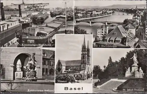 Basel, Rheinhafen, Rheinbrücken, Brunnen, Münster, Denkmal, gelaufen 1954