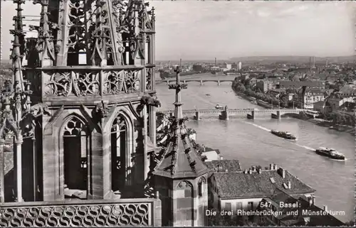 Basel, Die drei Rheinbrücken und Münsterturm, ungelaufen