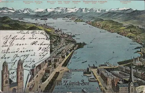 Der Zürichsee aus der Vogelschau, gelaufen 1905