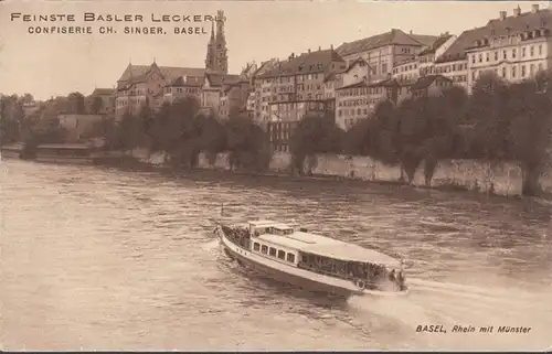 Basel, Rhein mit Münster, Feinste Basler Leckerli, Confiserie Ch. Singer, ungelaufen- datiert 1929