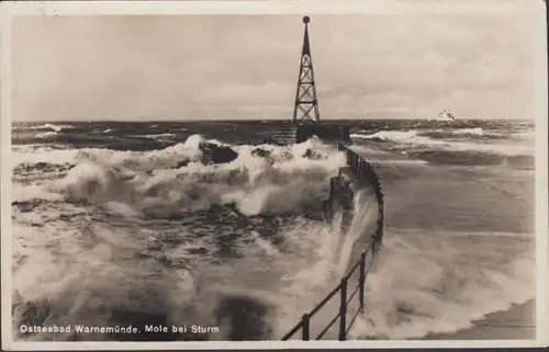 Ostseebad Warnemünde, Mole bei Sturm, gelaufen 1929