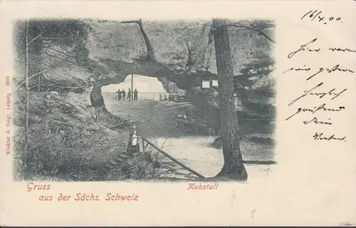 Gruss aus der Sächsischen Schweiz, Kuhstall, gelaufen 1900