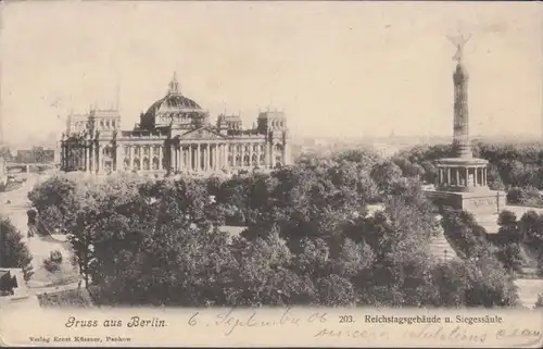 Gruss aus Berlin, Reichstagsgebäude und Siegessäule, gelaufen 1906