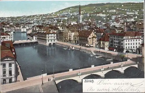 Zurich, vue de la ville, ponts, couru en 1903