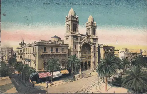 Tunis, Place de la Résidence et la Cathédrale, circulé 1921