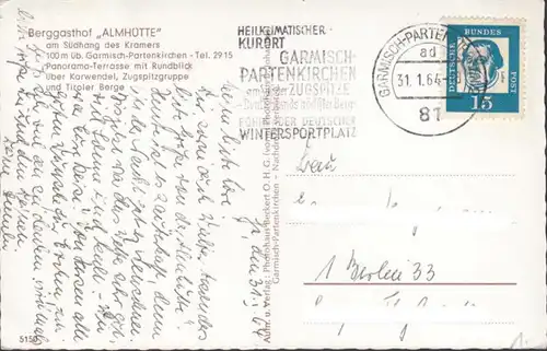 Garmisch, Berggasthof Almhütte, gelaufen 1964