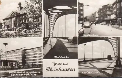 Gruss aus Rheinhausen, Stadtzentrum, Rathaus, Brücke, Verwaltungsgebäude Hüttenwerk AG, gelaufen 1958