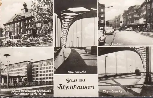 Gruss de Rheinhausen, centre-ville, hôtel de ville, pont, bâtiment administratif Hüttenwerk AG, couru en 1958