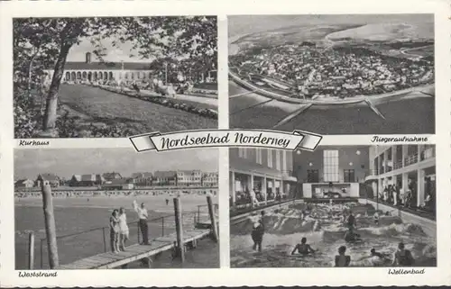 Nordseebad Norderney, Fliegeraufnahme, Kurhaus, Wellenbad, Weststrand, gelaufen 1959