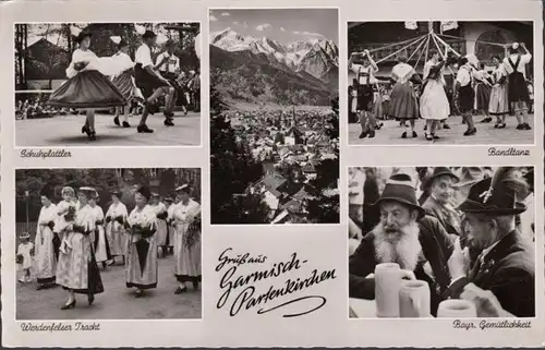 Gruß aus Garmisch Partenkirchen, Schuhplattler, Tracht, Bandltanz, gelaufen 1955
